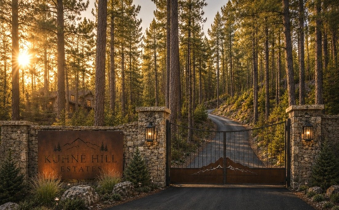 Private gated entrance winding through tall pine trees at Kuhne Hill Estates.