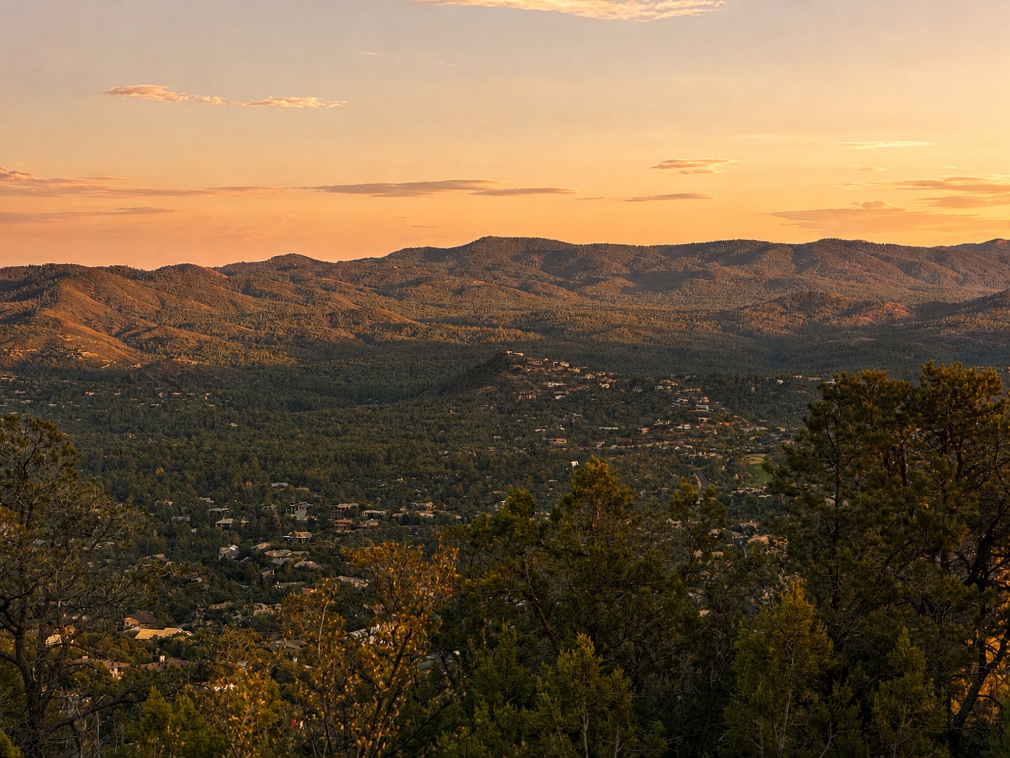 Golden hour forest and mountain views overlooking Prescott.