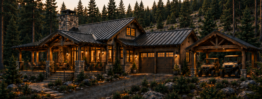 Conceptual Estate Cottage tucked into tall pine trees.